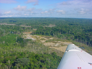 Um rio estragado pela ação de garimpo na floresta amazônica.